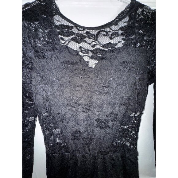 Black Lace Long-Sleeve Dress V-Neck & Ruched Hem Medium Stretch Sexy Goth Punk - Picture 3 of 4